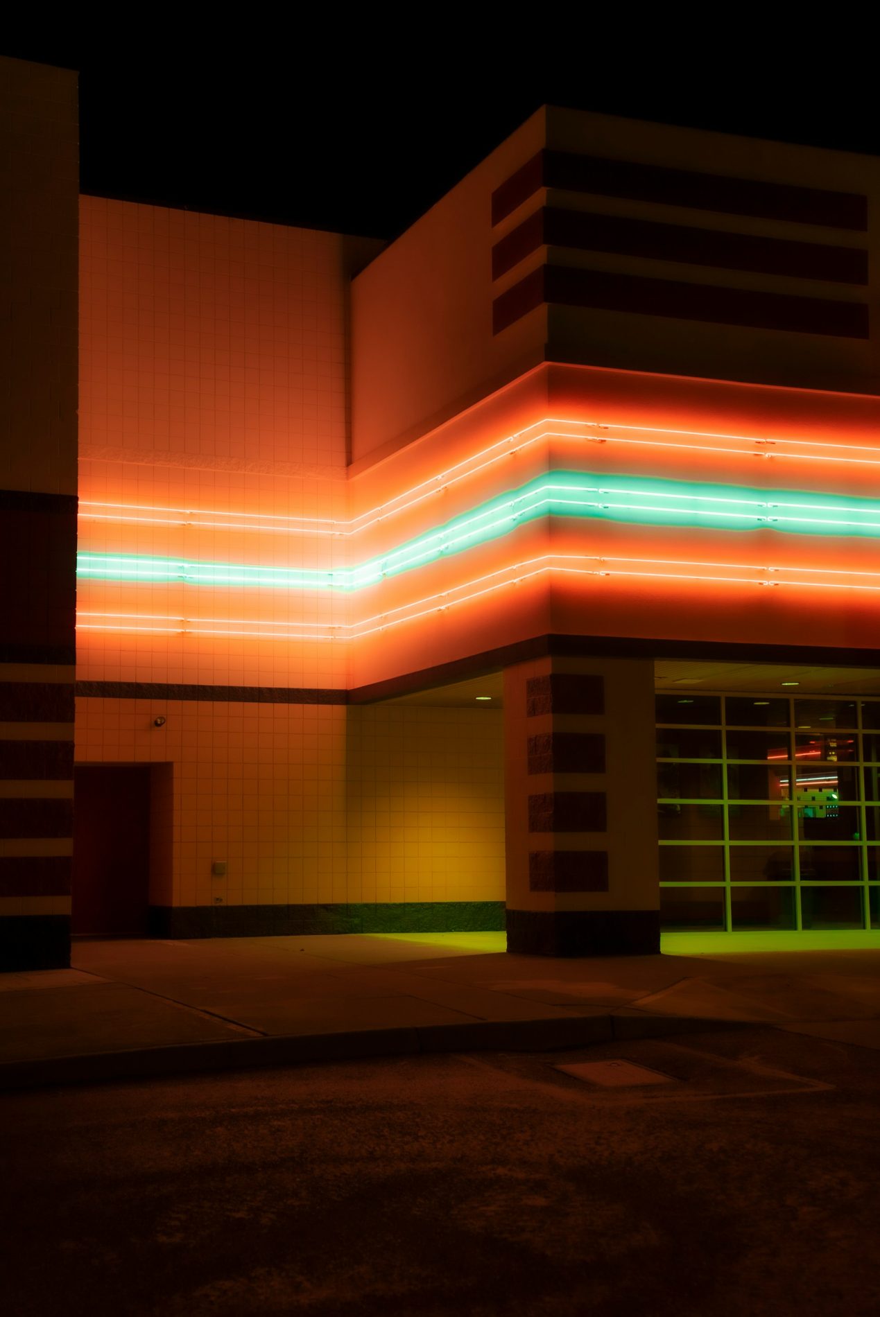 Color-changing LED strip lighting on retail building in Sacramento